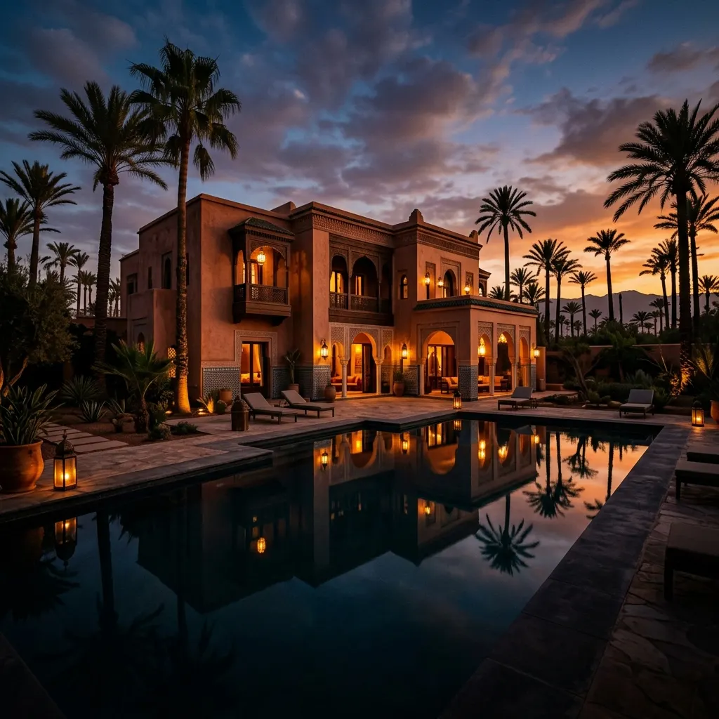 Villa illuminée au crépuscule à Marrakech