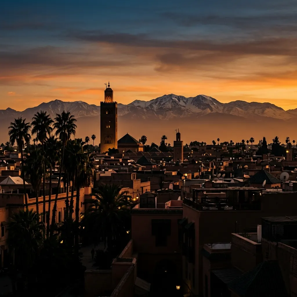 La Koutoubia et l’Atlas au coucher du soleil